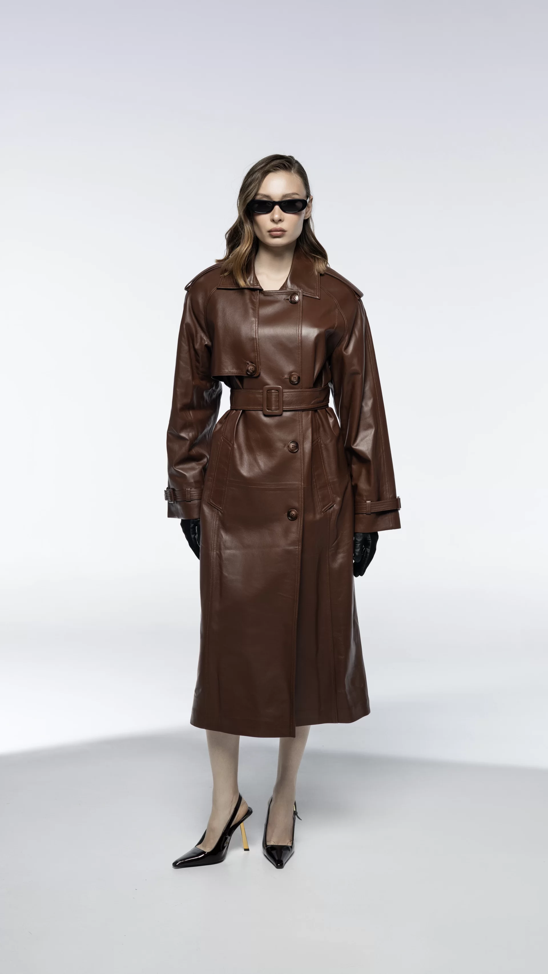 Amber trench leather coat